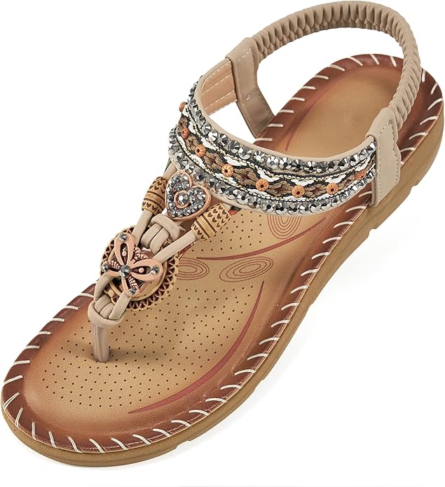 Aomigoct Sandals Women Flat Shoes: Dressy Summer Bohemian Flats Shoes for Women Sandals Comfortable Ankle Strap Outdoor Walking